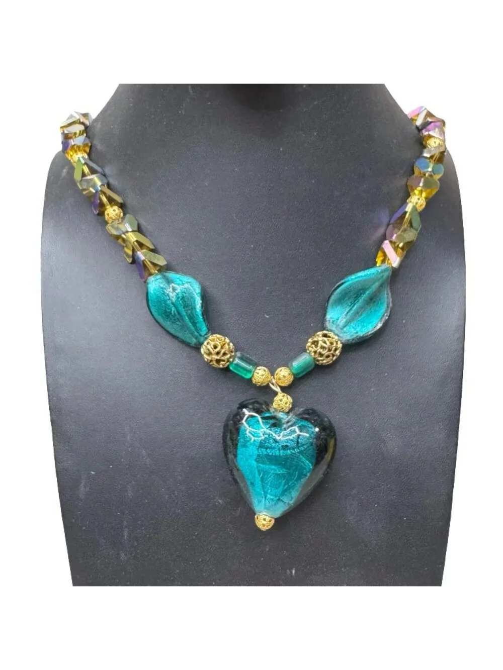 Vintage Green Glass Teal Heart Pendant Necklace AB Oil Spill Beads 24" Statement - Picture 1 of 10